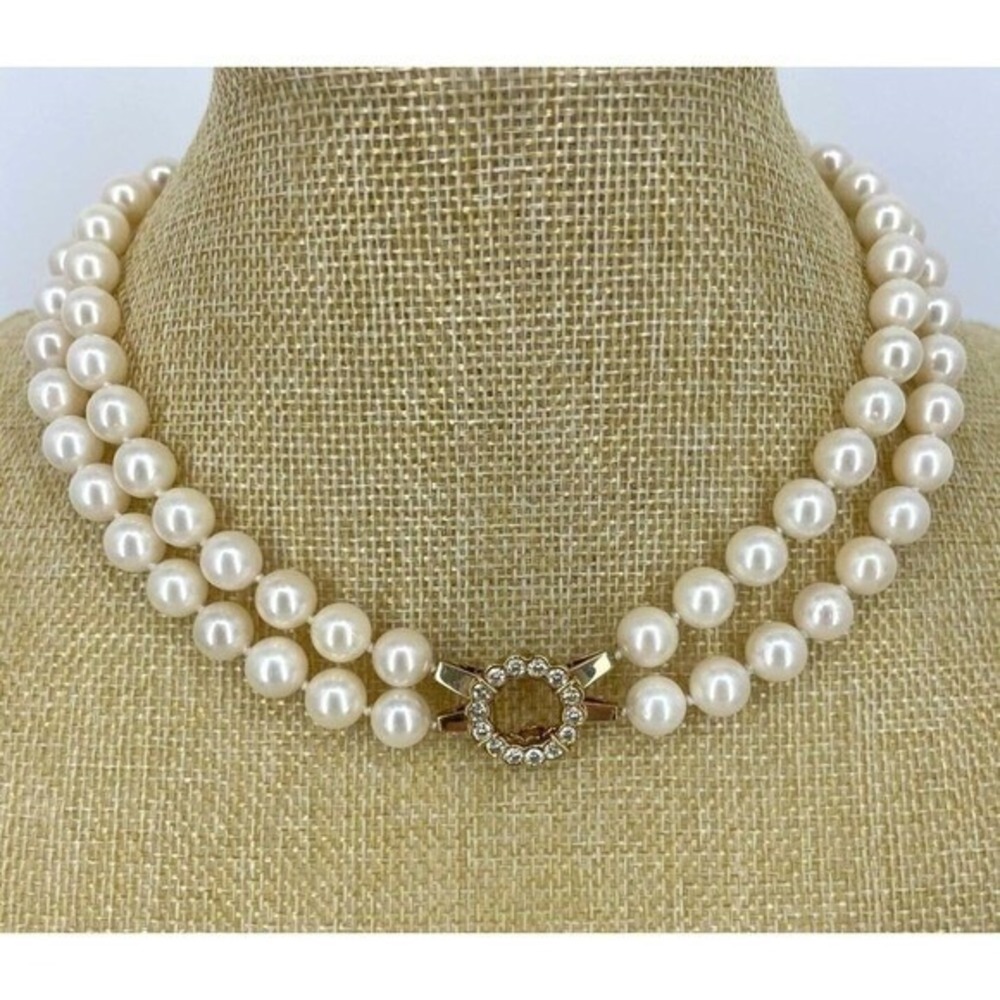 Vintage Double Strand 8.5mm Pearl Necklace 18k Gold Channel Set 14 Diamond Clasp